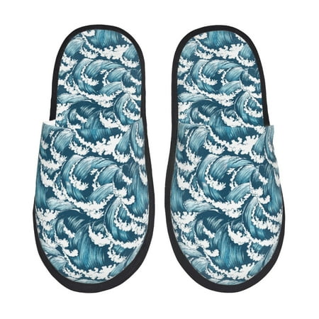 

Qokaie Ocean Waves Print Fuzzy Slippers for Women – Soft Plush Indoor Slippers with EVA Sole Cozy and Comfortable for Home and Travel-Medium