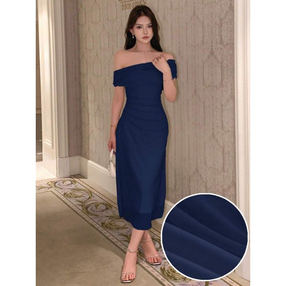 Navy Blue Off-Shoulder Slim Fit Midi Dress For Women Elegant Casual Evening Cocktail Dress