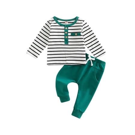 

Lieserram Baby Girls Boys Fall Spring Clothes 3 6 12 18 24 Months 2T 3T Stripe Long Sleeve Buttons T-Shirts Pullover Tops + Long Pants Set