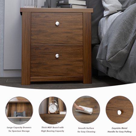 Costway 2 Tiers Nightstand W 2 Sliding Drawers Bedroom Walnut Walmart Canada