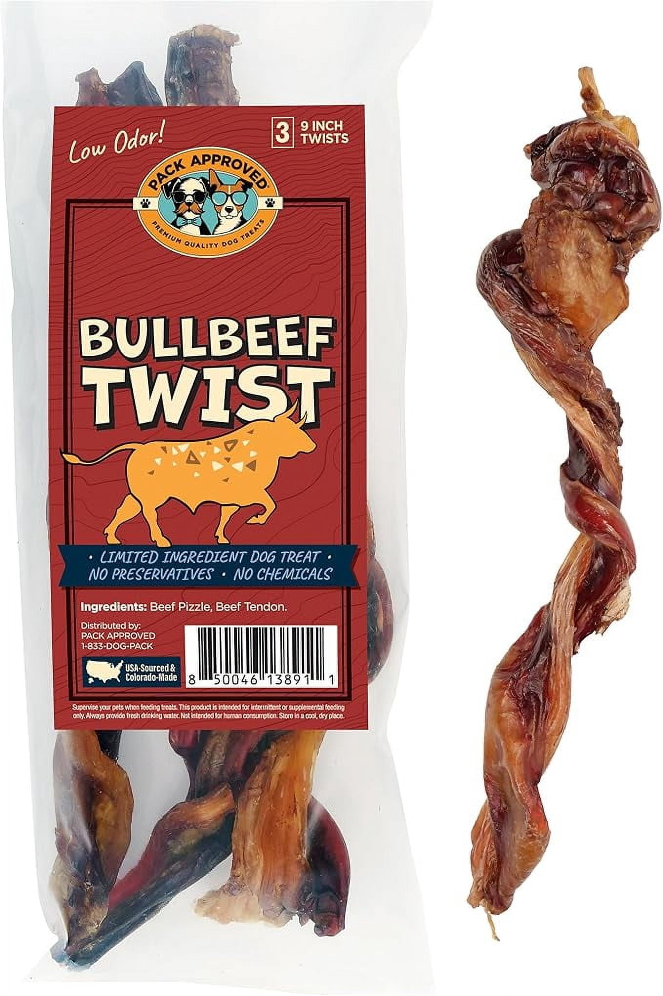 Pack Approved Bull Beef Twist - Beef Dog Treats for Medium Dogs & Large Breeds- Long Lasting Dog Chews for Aggressive Chewers - 9" (3ct)