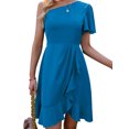 thumbnail image 3 of VISgogo Vestido de noche de verano para mujer Color sólido Un hombro Volantes Mini vestido de fiesta femenino VISgogo  moda, 3 of 9