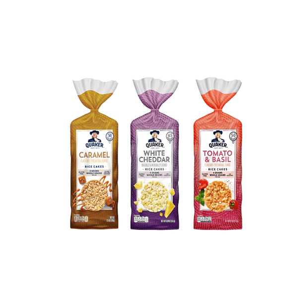Quaker Rice Cakes Variety Bundle - Pack Of 3 Flavors,CARMEAL CORN ,WHITE CHEDDAR,TOMATOO AND BASIL..