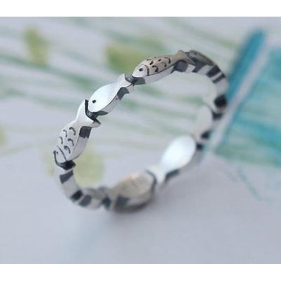 Vintage Womens 925 Sterling Silver Fish Ring, Geometric Electroplated Thai Silver Statement Ring for Women