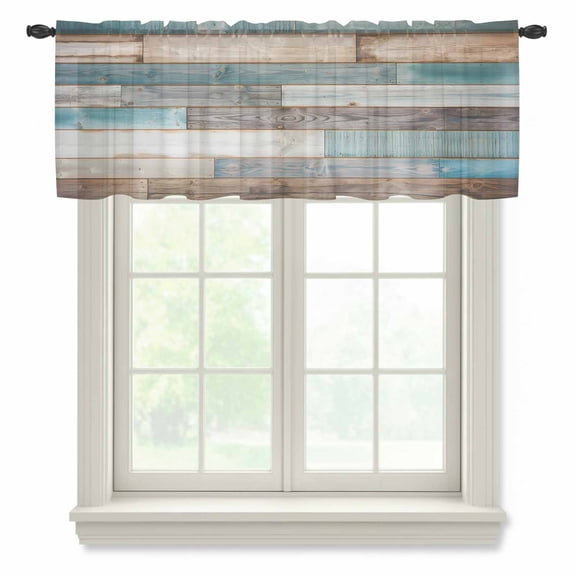 Teal Brown Farmhouse Sheer Curtains Valances for Windows Vintage Retro Wooden Chiffon Kitchen Valances for Cafe, Rod Pocket Voile Window Treatments Curtains for Living Room Bedroom, 42"x18"