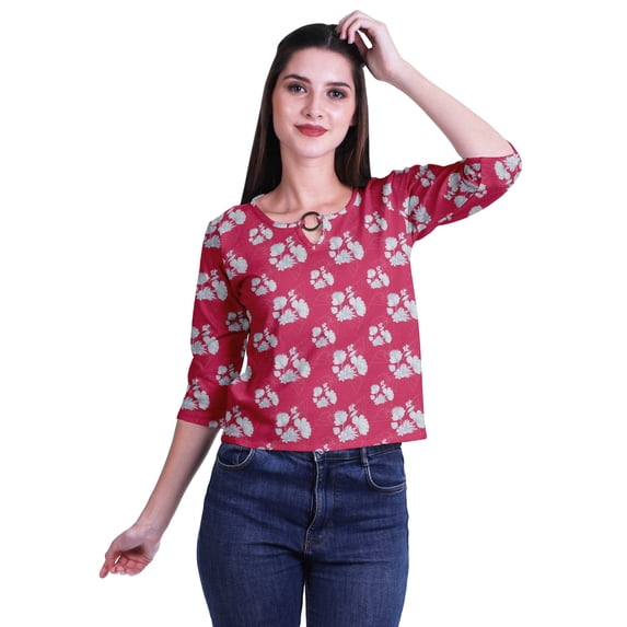 Moomaya Printed Keyhole Neck Ring Top Casual 3/4th Sleeve Tees Tank Tunic Top