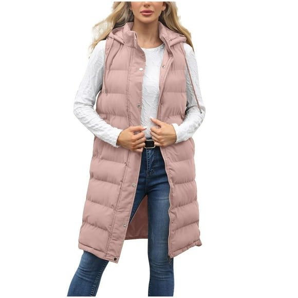 Dagegui Long Puffer Vest for Women Quilted Hooded Zip Up Sleeveless Vests Outerwear Padded Jacket Fall Winter Coat Pink M
