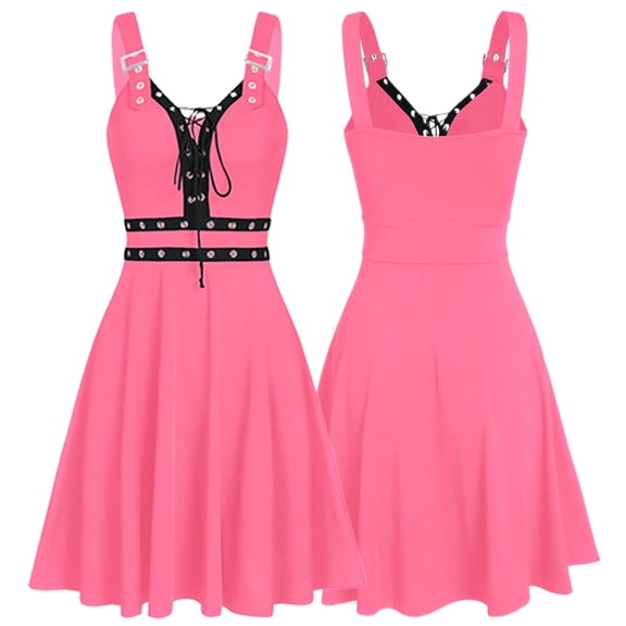 JOANKDMI Gothic Skater Dress for Women Sleeveless Lace Up V Neck Punk A-Line Mini Flared Dresses with Grommet Belt for Alternative Halloween Party Clubwear Cosplay