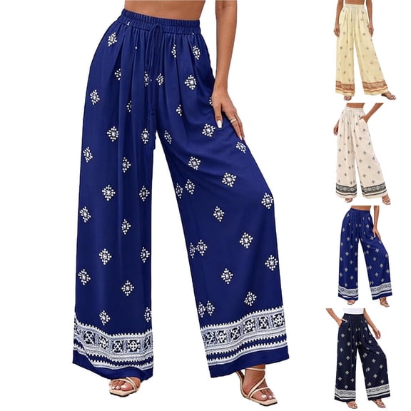 FRSASU Boho Wide Leg Linen Pants for Women Casual Summer Palazzo Loose Beach Vacation Pants with Pockets White