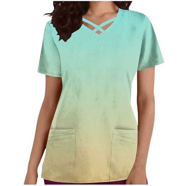 Tops Cortos para Mujeres V-Cuello Moda Casual con Diseño de Color de Gradiente de Bolsillo, Tela de Estante de Imitación Suave para Uso Diario Y Casero