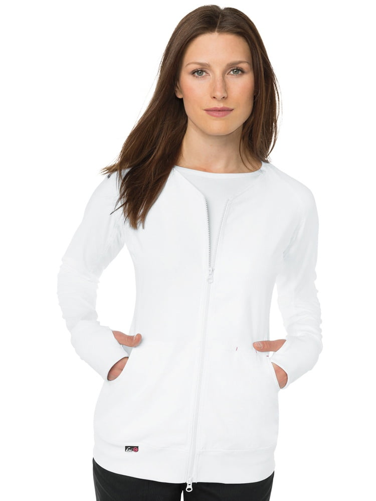 koi lite women's clarity zip front solid scrub jacket medium white