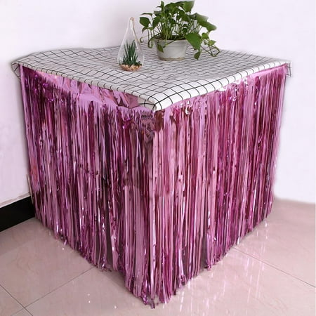 

Taehoxa Table Skirt Foil Fringe Curtains Blue Gold Pink Glossy Metallic Tinsel For Party Birthday Gatherings Holiday Wedding Decorations