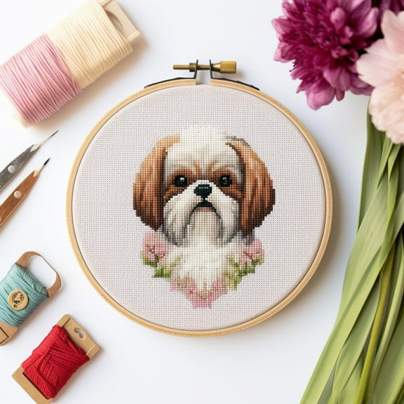 Shih Tzu Stamped Cross Stitch Kits for Beginners Easy with Hoop 11CT Needlepoint Embroidery DIY Counted Cross Stitch Kits Art Craft Wall Decoration 35x35cm(3)