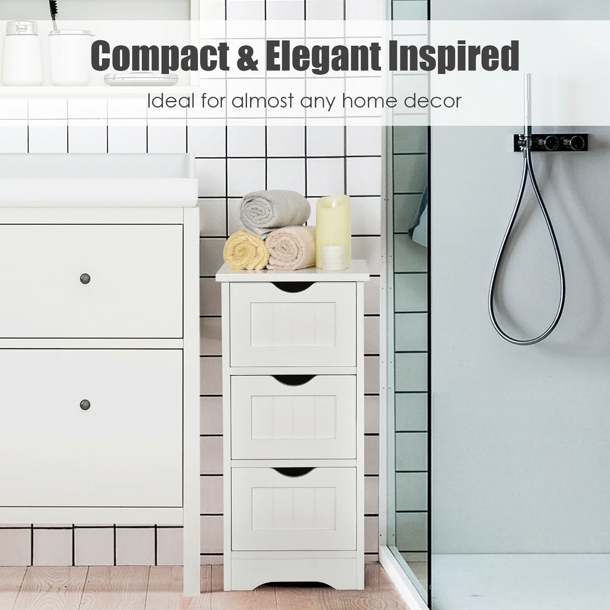 Costway White Floor Storage Cabinet Bathroom Organizer Free Standing 3 Drawers