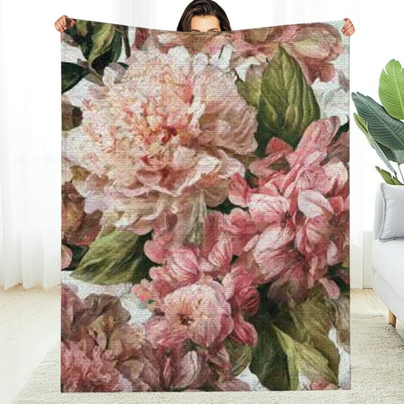 Creowell Floral Print Pink Flowers Flannel Blanket Soft Cozy All Season 30*40in
