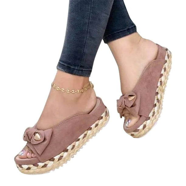 Sandalias Mujer Peep Toe Bow Vintage Plataforma de paja Tacón Zapatillas de verano Zapatos casuales Wmkox8yii ytu4672