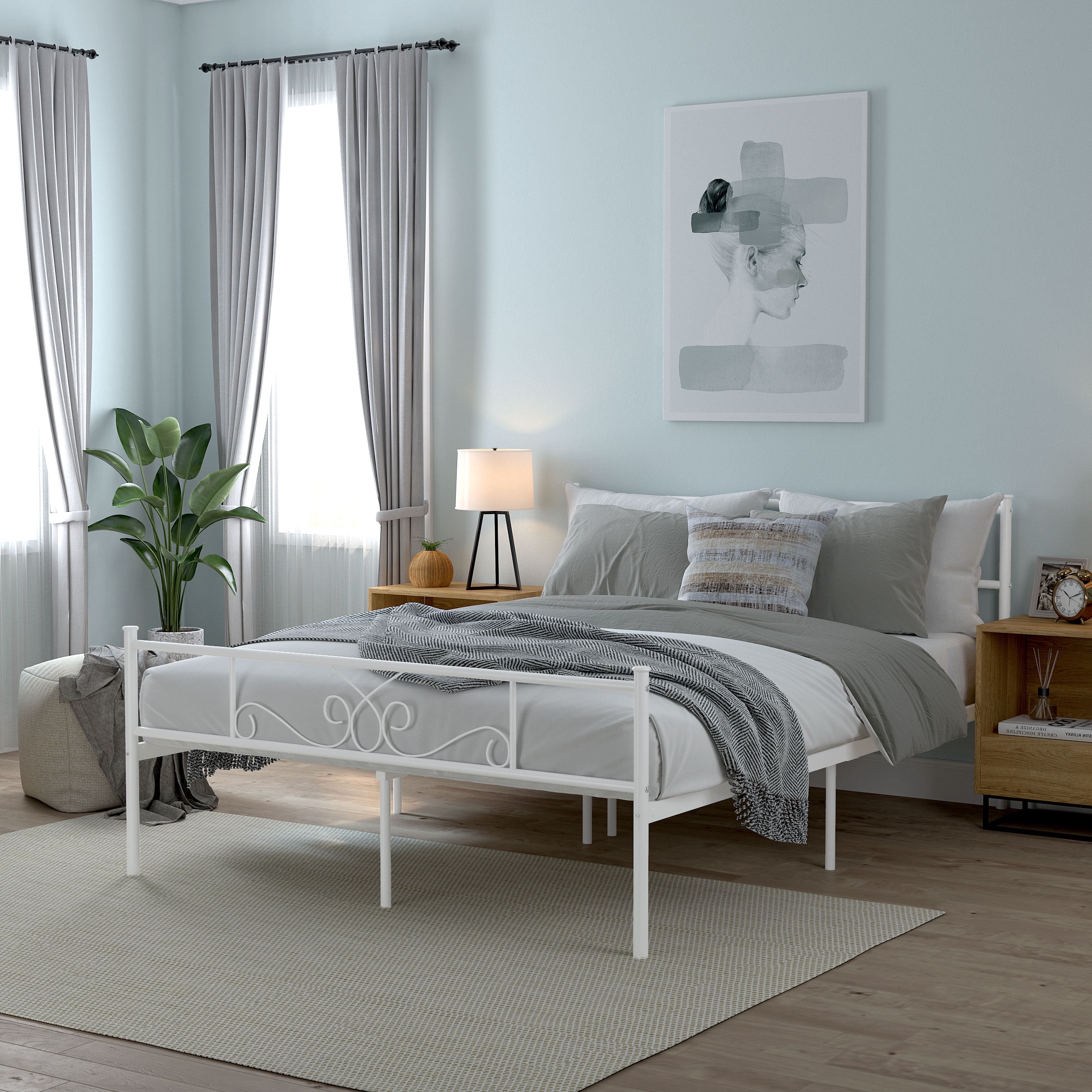 Yoneston Heavy Duty Metal Queen Size Platform Bed Frame with Vintage Headboard & Footboard for Adult Bedroom, White