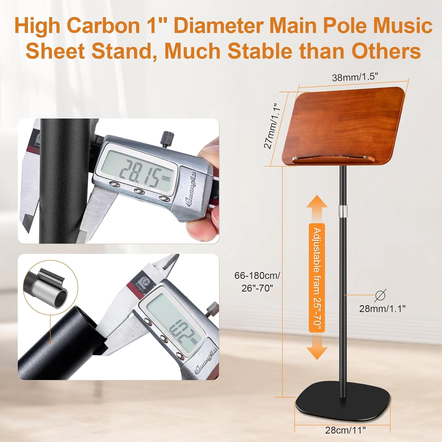 Solid Wooden Height Adjustable Music Sheet Stand for Guitar Bass Violin Ukulele Sax Players Stage Performance Music Stand, Floor Reading Stand with Page Clip for Cookbooks, Sheet Music, etc