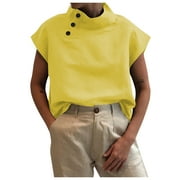 ZKOZPTOK Women's Tops Solid Color Short Sleeve Tees Casual Open Button Pullover Casual Loose Cotton Shirt,Yellow,XL