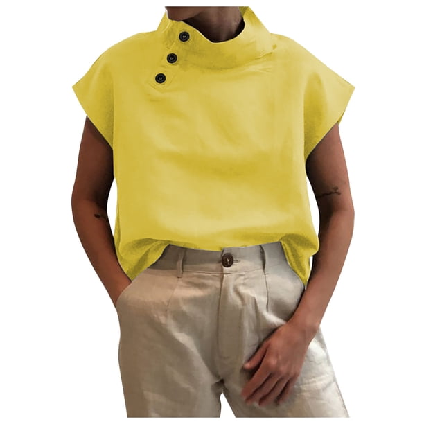 Camisa de algodón holgada informal de manga corta con botones abiertos informales de manga corta para mujer OAVQHLG3B Store lin121212