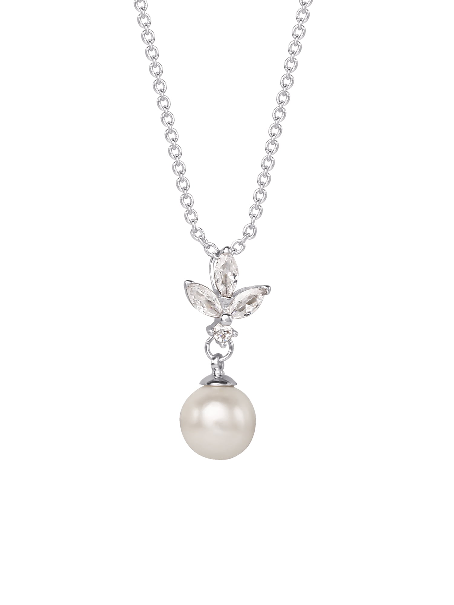 Believe By Brilliance Women's Silver Plated Cubic Zirconia and Simulated Pearl Pendant and Earring Set, 18" + 2"