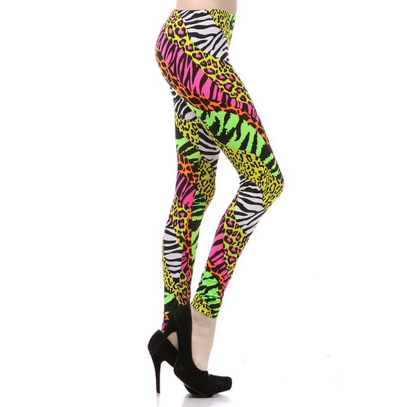Multi Color Animal Print Bright Leggings 1980s Pants Zebra Cheetah Costume (Medium)