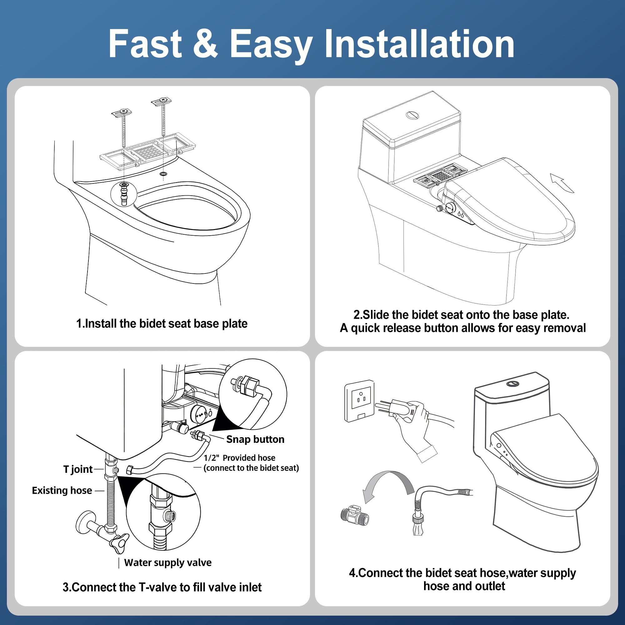 WHALLULTRA Elongated Bidet Toilet Seat with Remote Control, Heated Seat Smart Toilet Seat, Instant Warm Water, Stainless Steel Nozzle, White