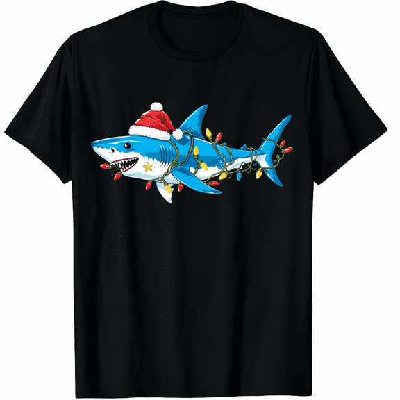 Funny Santa Shark Christmas Lights Sharkmas Tree Xmas T-Shirt for Adults Men and Women