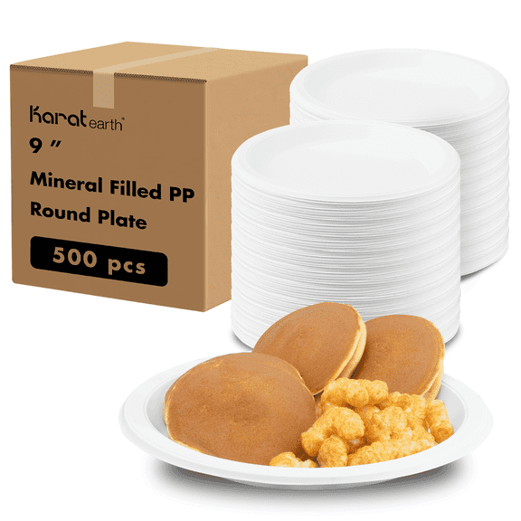 Karat Earth 9 Inch Eco-Friendly Plastic Plates [500 pcs], White Mineral-Filled PP - Reduces Plastic Use