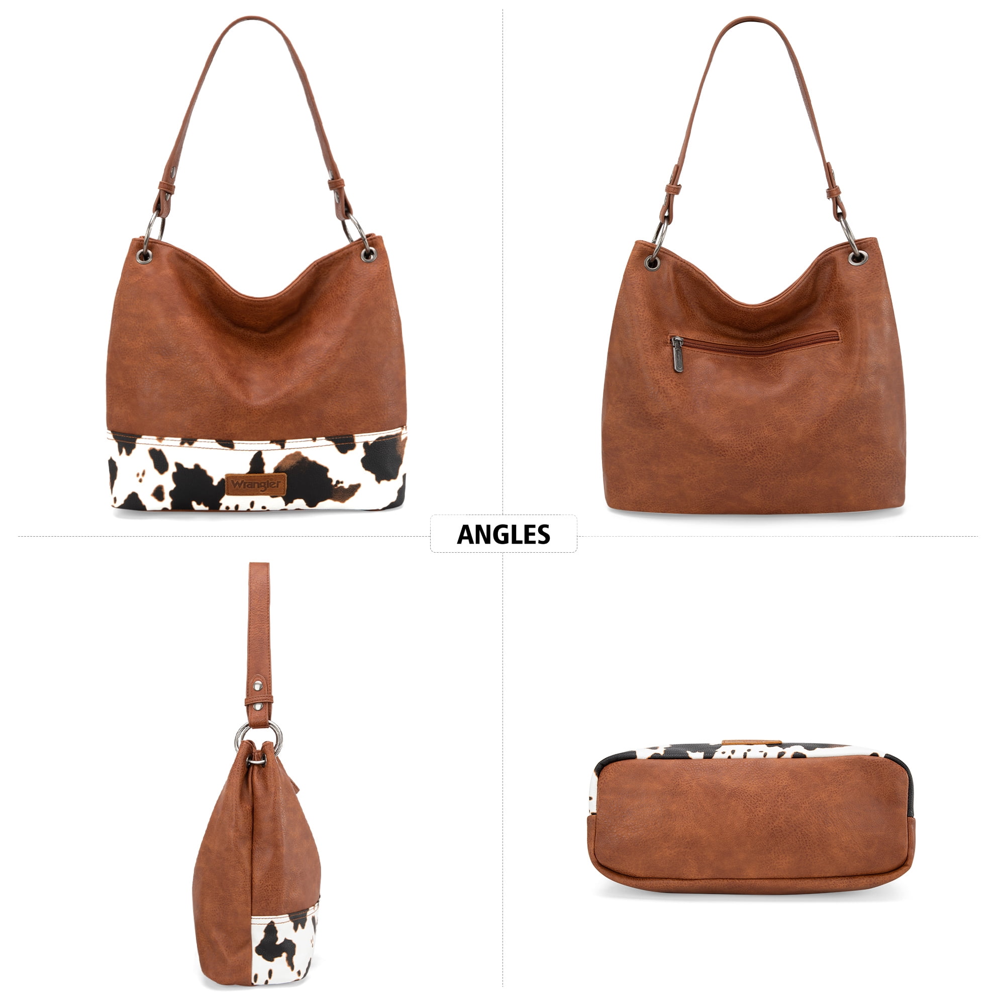 Wrangler Hobo Bags for Women Vegan Leather Top Handle Shoulder Purses and Handbags, Cow Print-Brown
