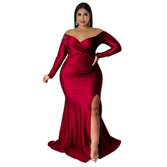 AURA Women Plus Size V Neck Split Maxi Dress Long Sleeve Elegant Evening Party Dress