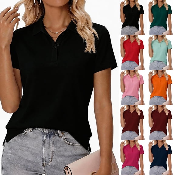 Women's Polo Shirts Cotton 3-Button Short Sleeve Collared Tops Summer Cool Shirt Uniform Casual Shirts