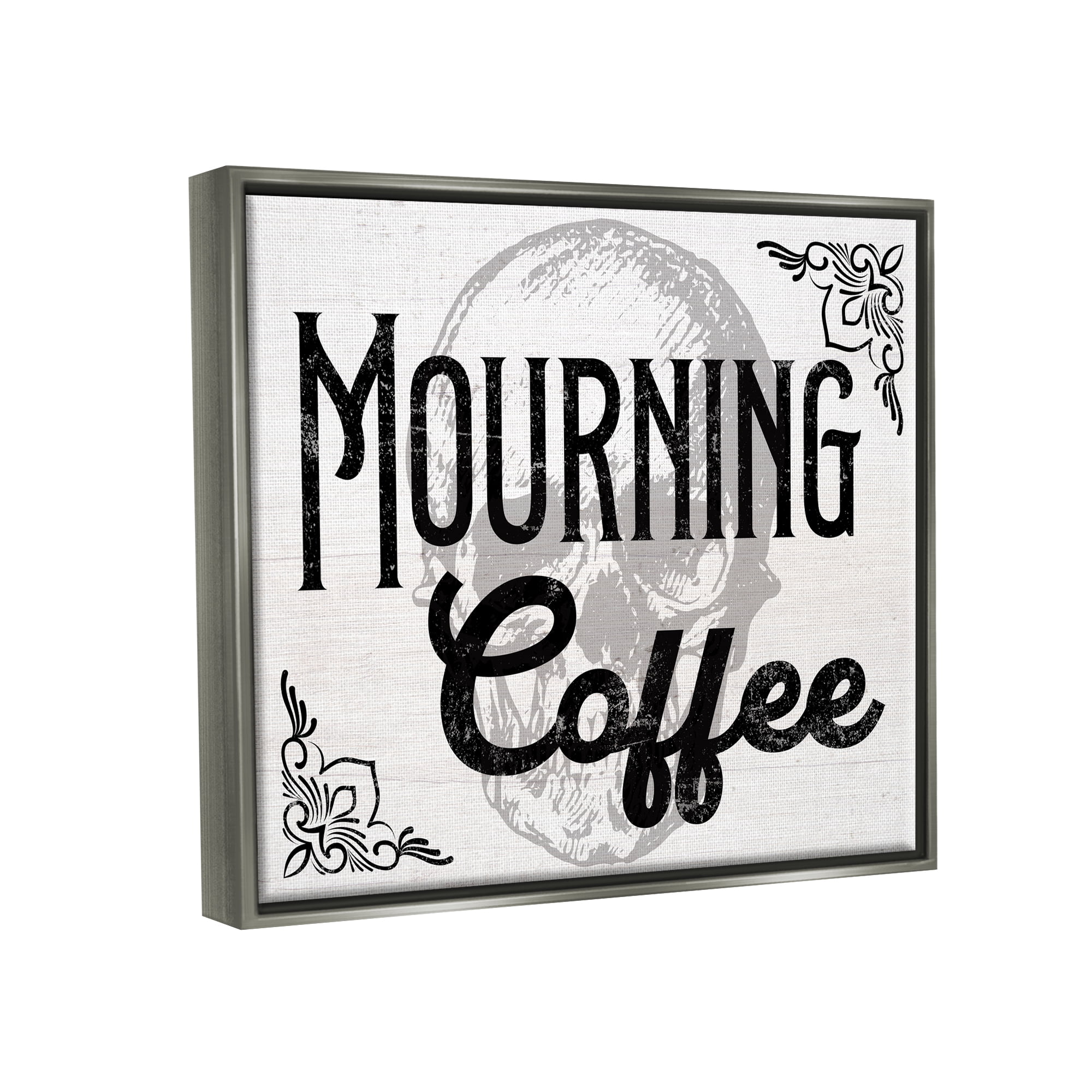 Stupell Industries Mourning Coffee Skull Holiday Painting Gray Floater Framed Canvas Art Print Wall Art, 21 x 17