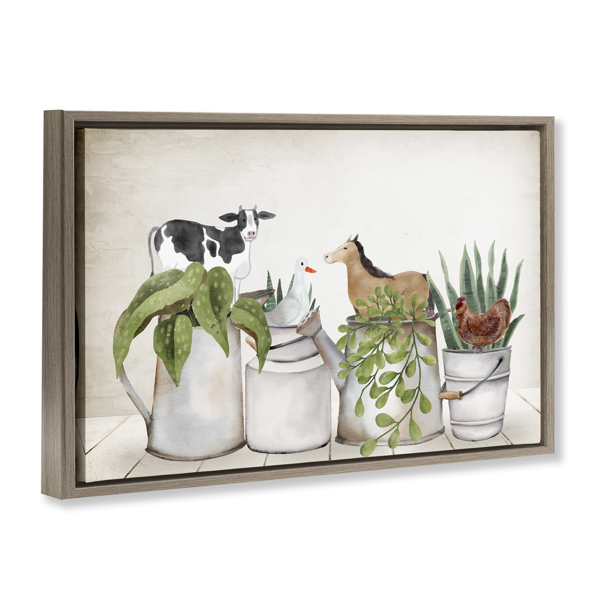 Stupell Industries Tin Farm Animal Plants Botanical & Floral Painting Brown Floater Framed Canvas Art Print Wall Art, 25 x 17