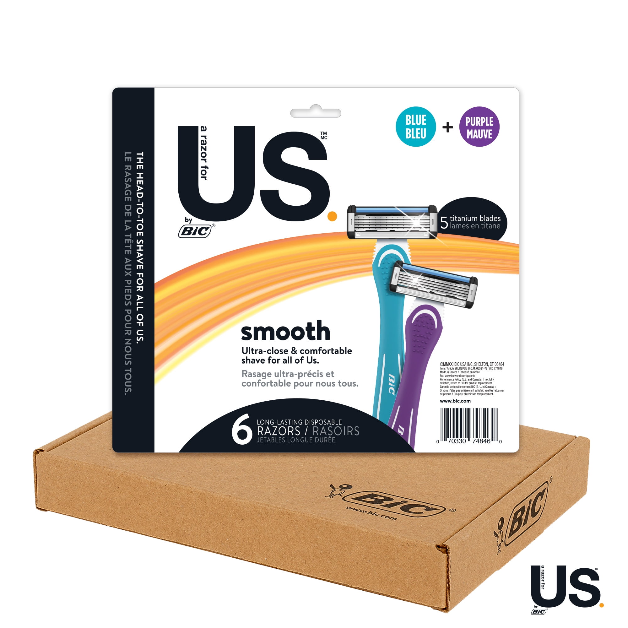 BIC Us. 5-Blade Unisex Disposable Razors For Men and Women, Lubrication Strip for a Smooth, Close Shave, 6-Count
