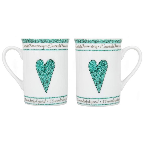 Beautifully Designed 55th Emerald Wedding Anniversary Set of Ceramic Mugs with Hearts | Dishwasher and Microwave Safe with Decorative Keepsake Box