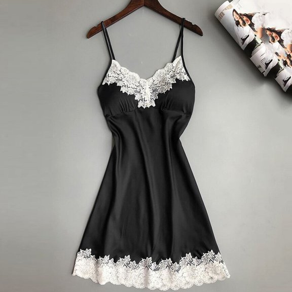 WCJM Black Satin Sleepwear Women Ladies Nightwear Nightdress Lingerie with Chest Pads