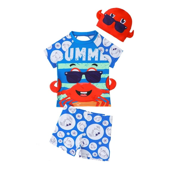 Tkrady Boys Bathing Suit 3 Piece Set Summer New Cute Cartoon Graphic Short Sleeve Separate Sunscreen Swimsuit Trunks Cap, Sizes 3-7 Years