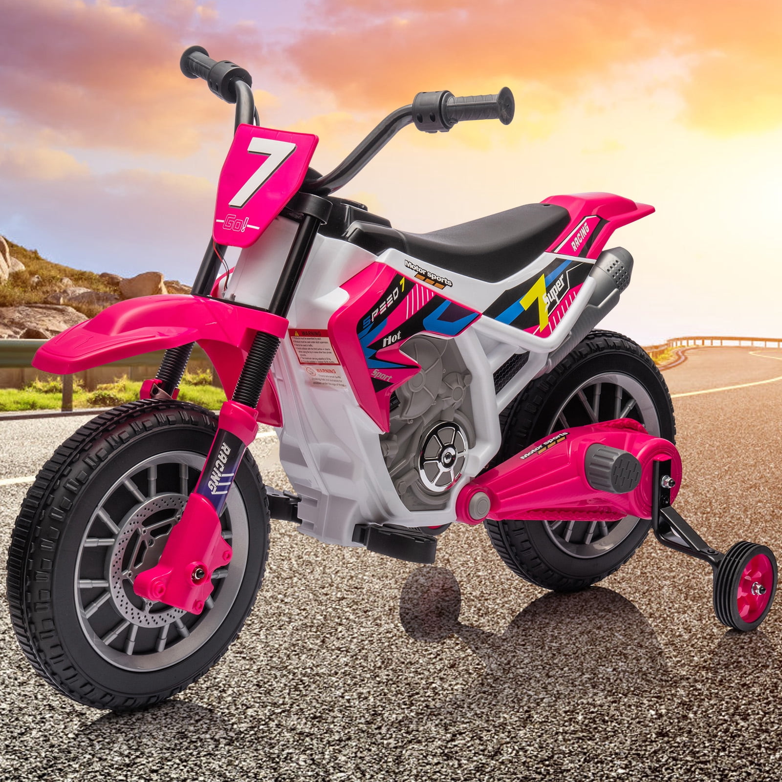 JOYLDIAS 12V Ride On Motorcycle Dirt Bikes for Kids with Training Wheels, Spring Suspension, Rose Pink