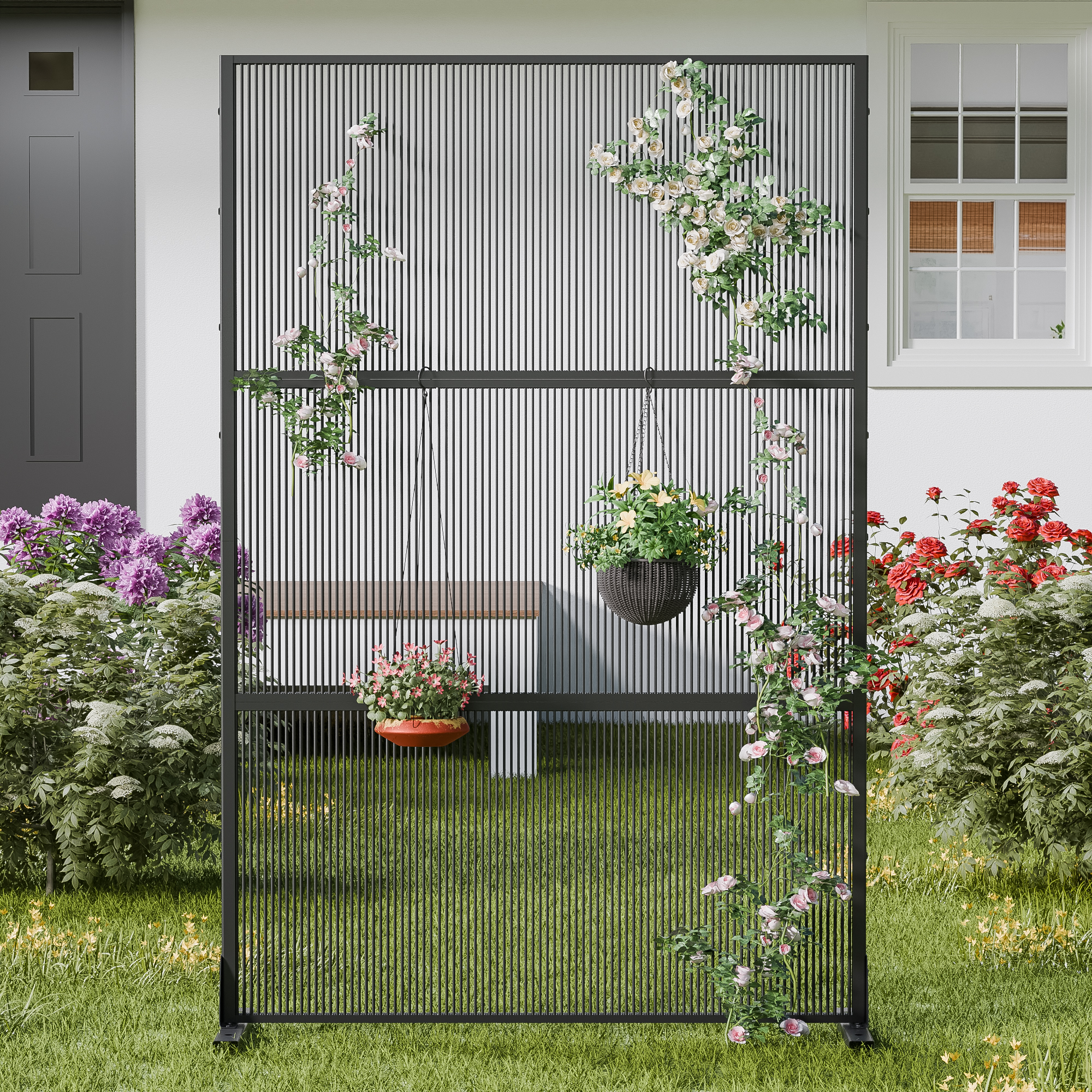 MAYEERTY 72×47" Outdoor Black Rattan Privacy Panel Screen for Backyard & Garden, Horizontal Striped Pattern