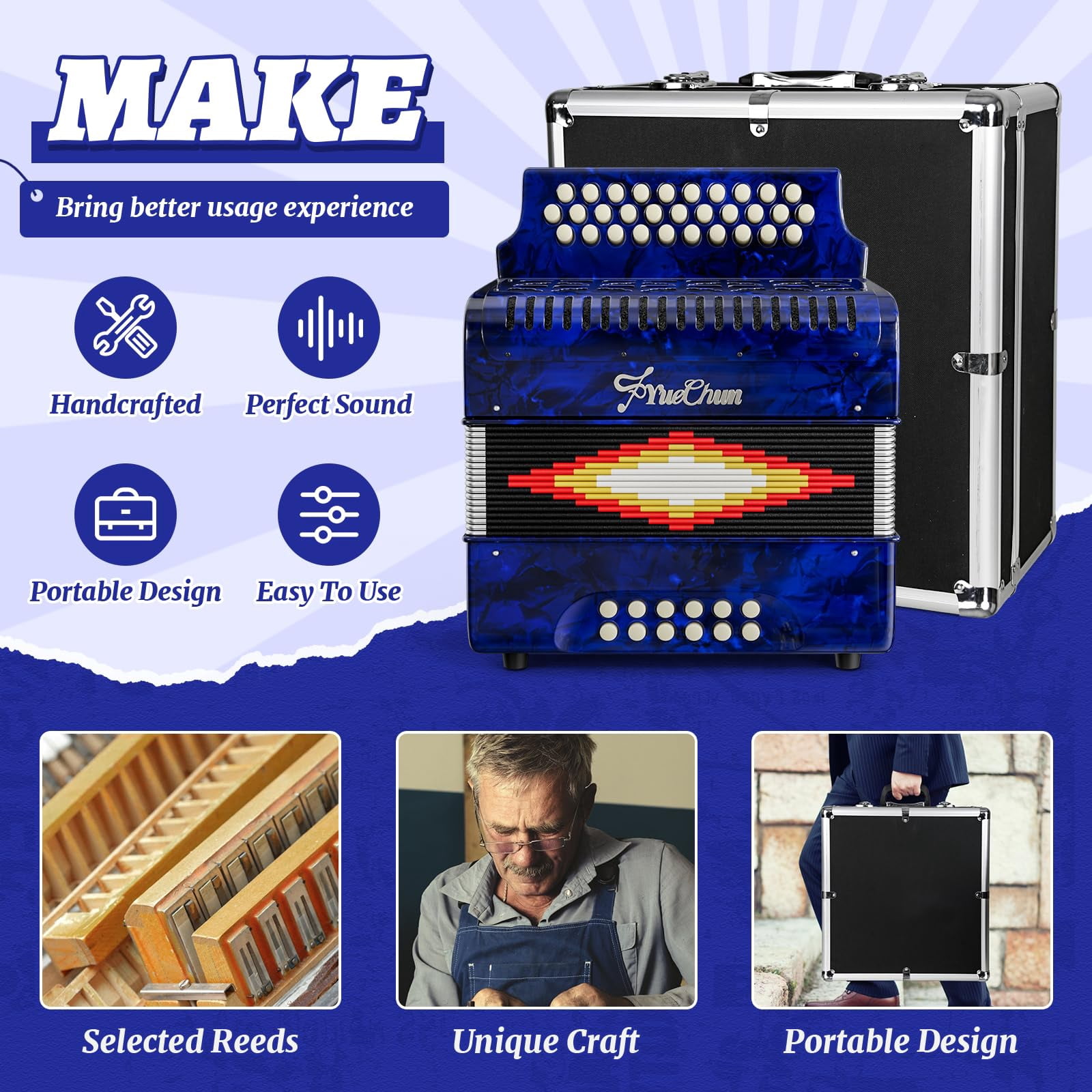 YueChun Accordion, 31 Keys 12 Bass G/C/F Diatonic Button Accordion , Portable Professional Button Accordion with Case (Blue)