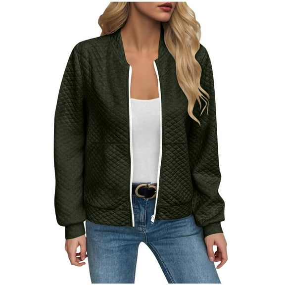 Women's Waffle Knit Full Zip Jacket 2025, Textured Lightweight Long Sleeve Casual Outerwear with Soft Comfort Fabric for Spring Autumn Winter Season, Daily Wear and Street Fashion Blackish Green L