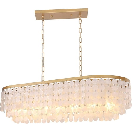 

YELROL 42 Gold Rectangular Chandelier Coastal 5 Lights Natural Capiz Shell Chandeliers for Living Room Dining Room Bedroom Kitchen Island Foyer Pool Table Light