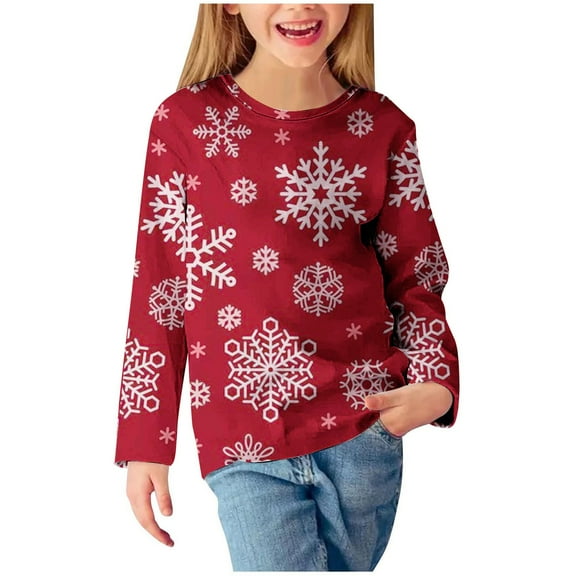 Lovskoo Children's Sweatshirt,Kids Round Neck Pullover Long Sleeved Sweatshirt Top With Snow Print 5 Years Red