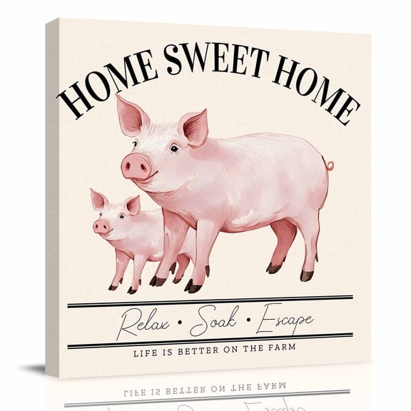 Canvas Print Wall Art Oil Paintings Country Pink Pig Farmhouse Theme Picture Prints Artwork for Living Room Kitchen Bathroom Bedroom,Stretched and Framed Ready to Hang,Sweet Home Farm Text Animals