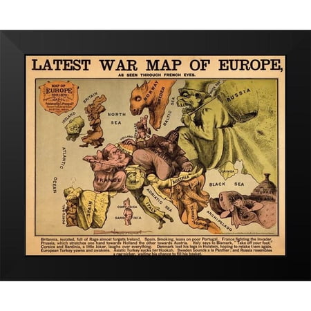 Vintage Maps 14x12 Black Modern Framed Museum Art Print Titled - Anthropomorphic Map of Europe 1870 Political