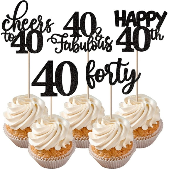 10pcs Happy 40th Birthday Cupcake Toppers Black Glitter Forty Cheers to 40 Years Old Birthday Cupcake Picks for Happy 40th Birthday Anniversary Party Cake Decorations