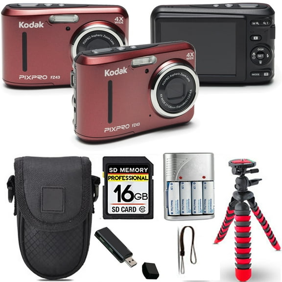 Kodak PIXPRO FZ43 Digital Camera (Red)  Spider Tripod   Case - 16GB Kit (International Version)