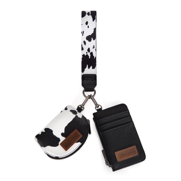 Wrangler Cow Print KeyChain Wristlet Wallets for Women Western Dual Pouch Wristlet Portable Credit Card Holder Wallet With Zipper, Cow-Black