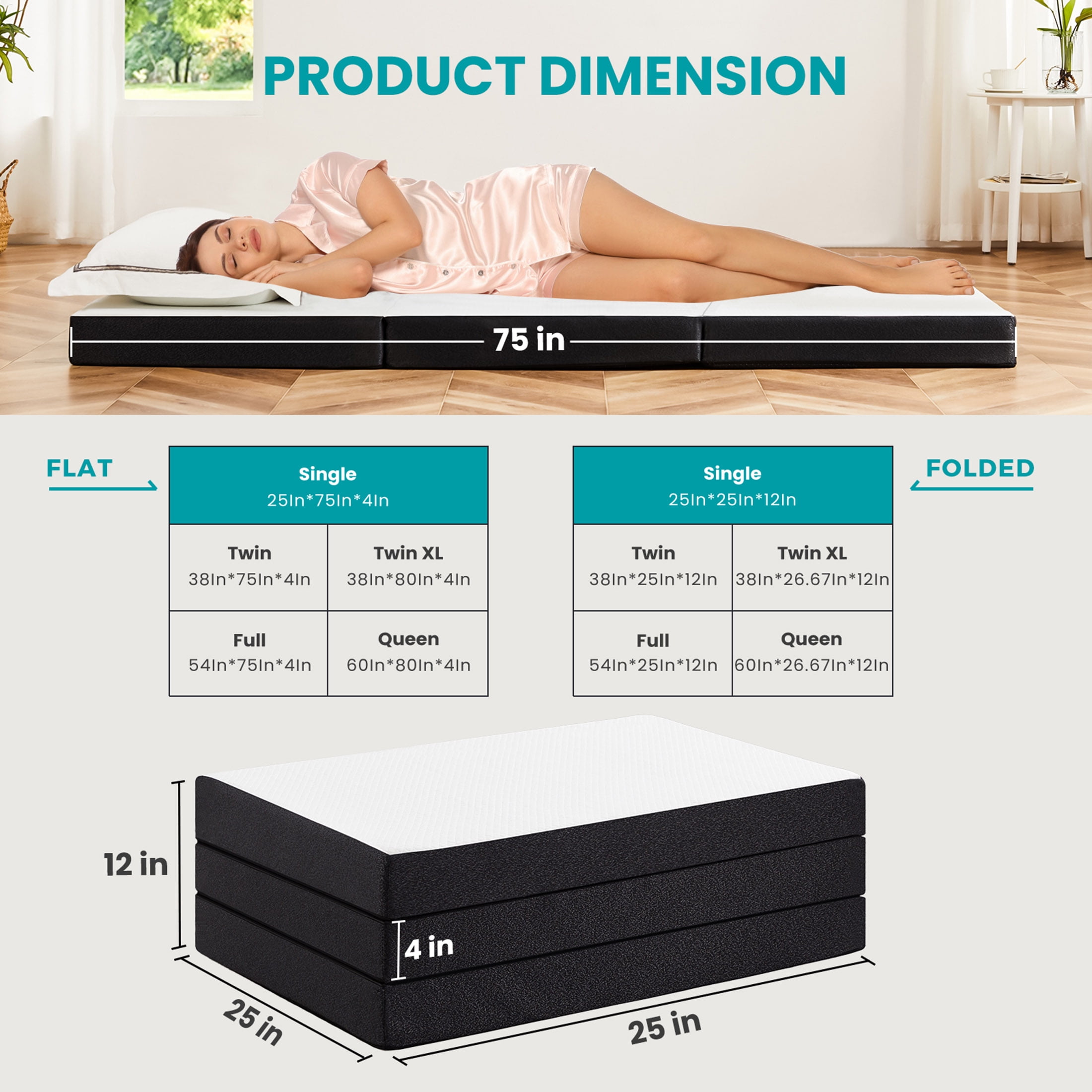 CONCETTA 4 inch Single Size Tri-fold Memory Foam Mattress, Portable Foldable Mat for Adults, Collapsible for Travel & Camping & Yoga